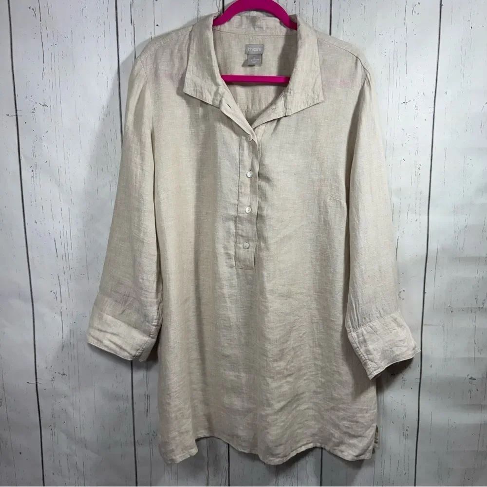 Chicos Linen 100% Button Down Boho Lagenlook Tunic Blouse Tan Beachy Minimalist